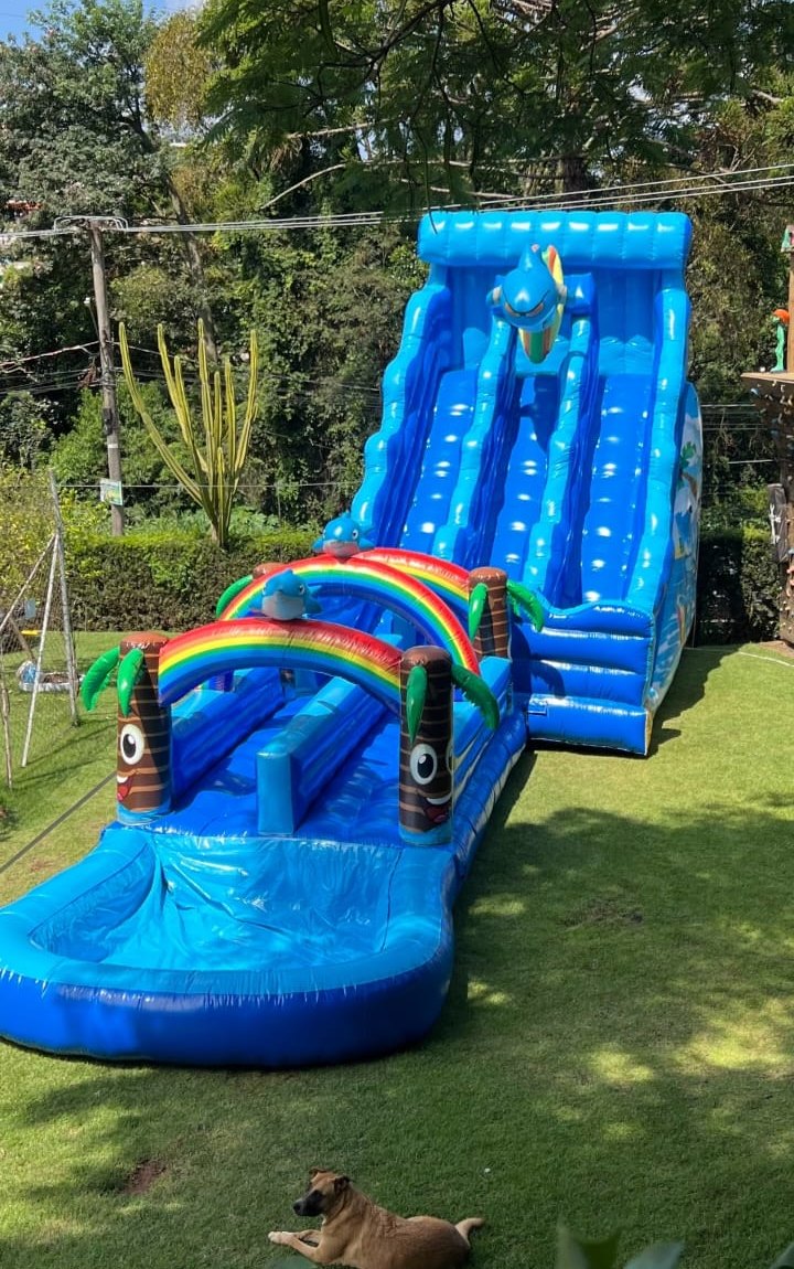 Tobogã inflável azul com piscina e arco-íris da W7 Diversões montado em um gramado